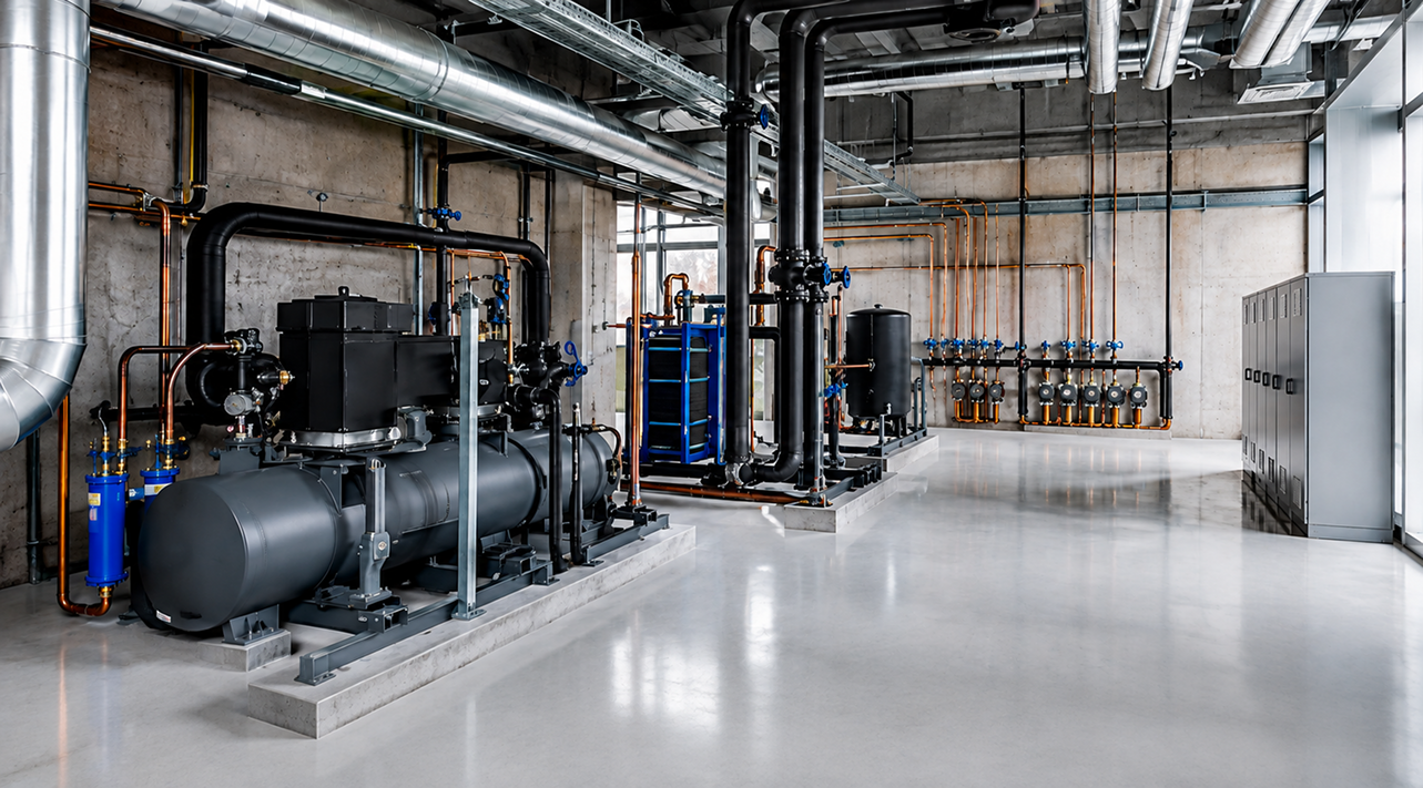 Local technique HVAC moderne pour une installation frigorifique ou une pompe &agrave; chaleur